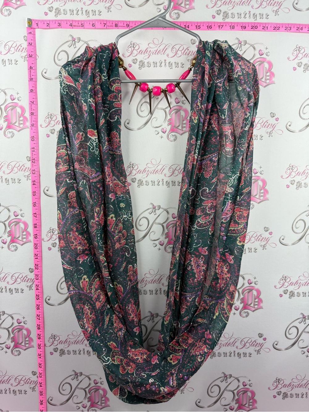 SCARF spikes infinity circle Dark Green Paisley Infinity Scarf Pink Accents